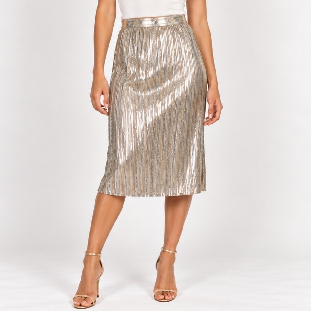 Maeve Anthropologie Pleated Midi Skirt Women 12 Silver Metallic Shimmer Cocktail